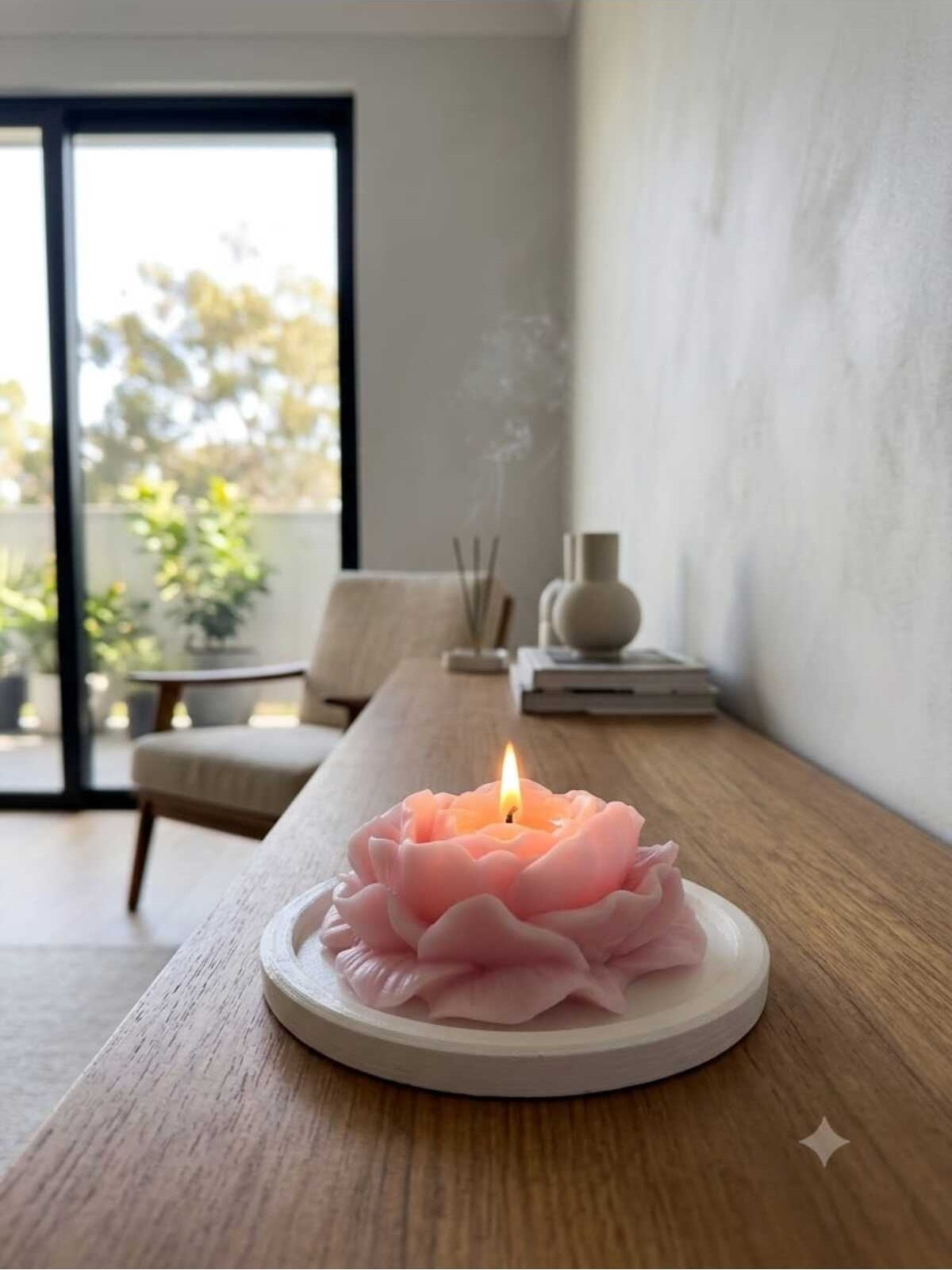 Dekoratif Mum Şakayık Gül 15 cm Pembe ve Tepsi 2'li Set