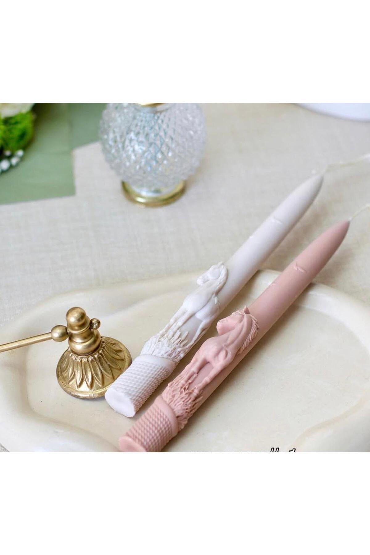 Dekoratif Mum Şamdan Mumluk At 2'li Pembe ve Beyaz 20x2 cm – görsel 2