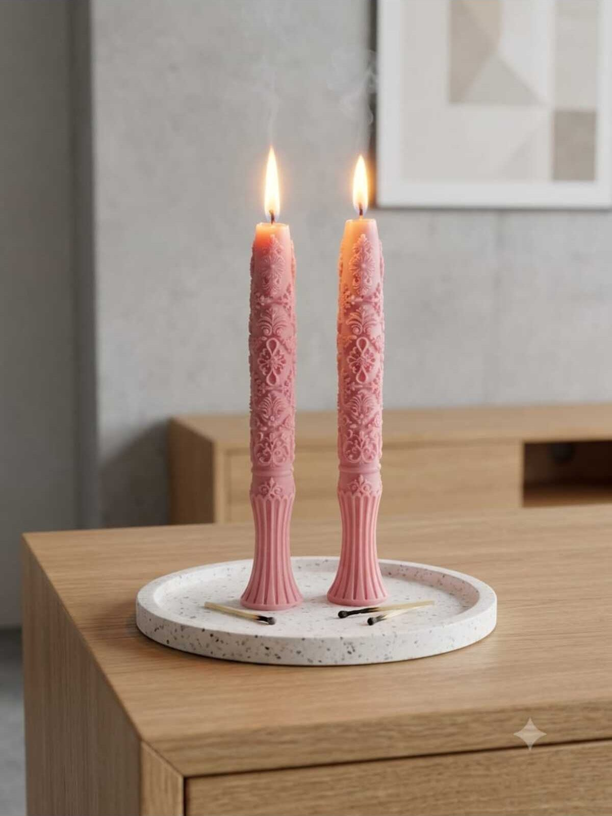 Dekoratif Mum Şamdan Mumu Çizim Pembe 2'li Set