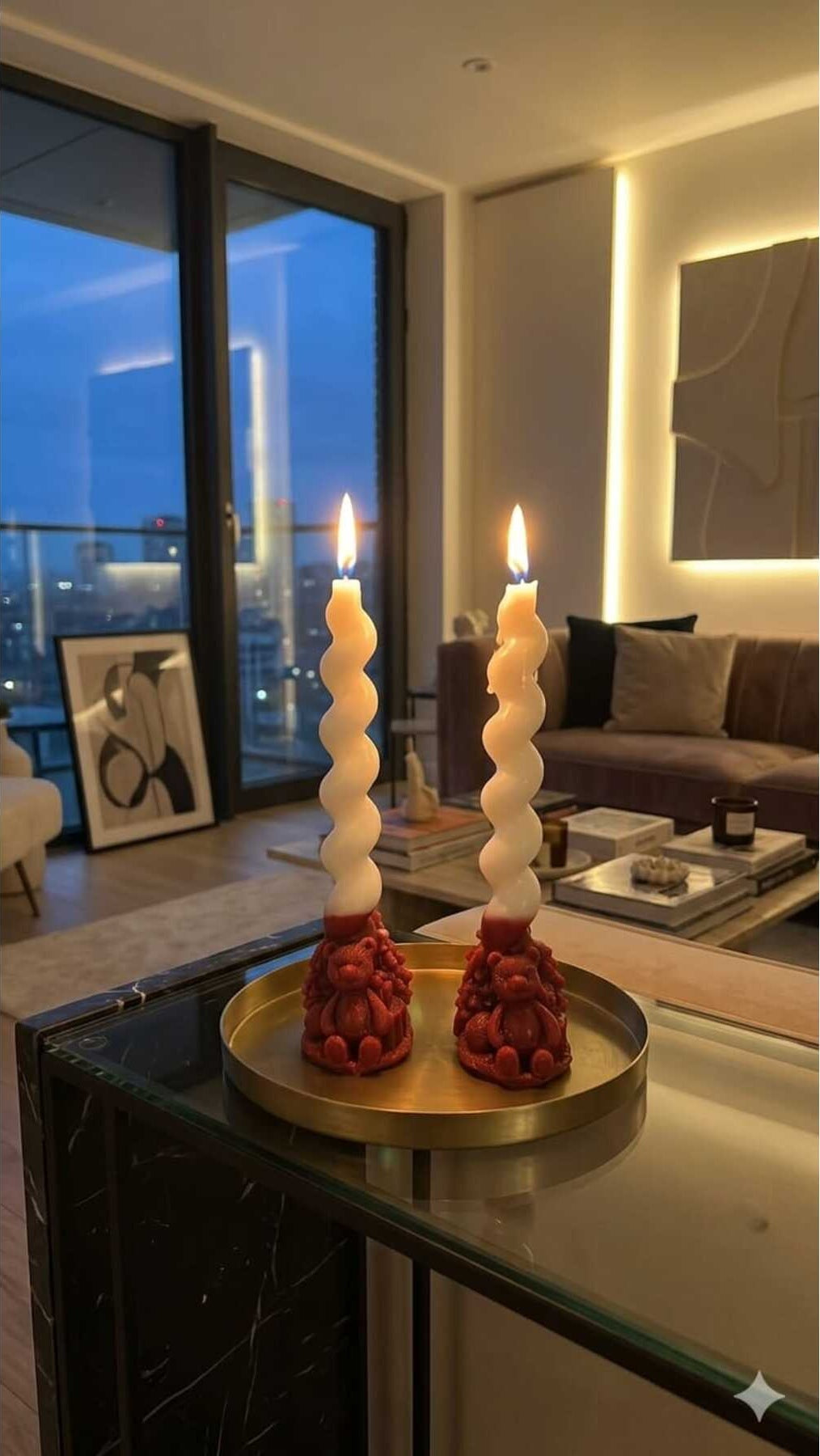 Dekoratif Mum Şamdan Yılbaşı Bordo ve Beyaz Ayıcık Parça