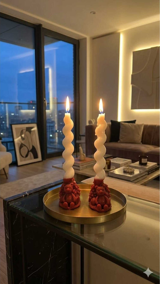 Dekoratif Mum Şamdan Yılbaşı Bordo ve Beyaz Ayıcık Parça