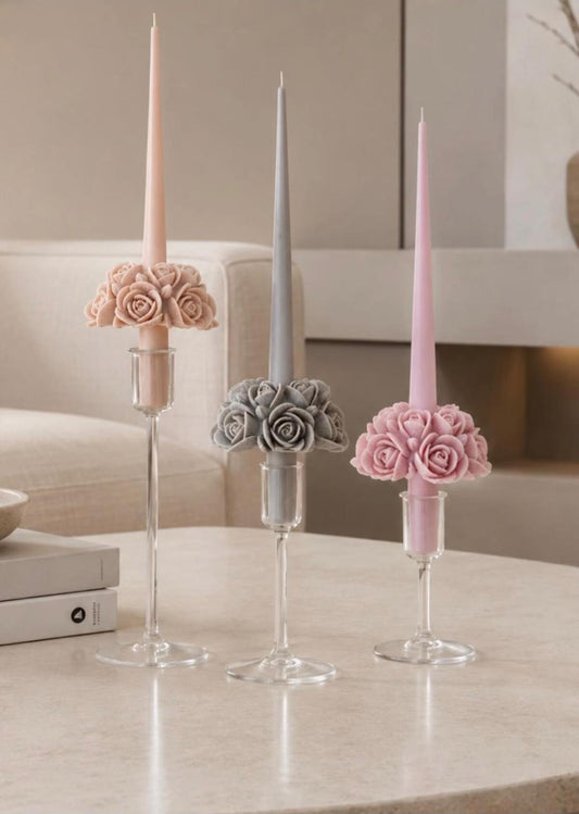 Dekoratif Mum Şamdanlık Çiçek Desenli 3'lü Set