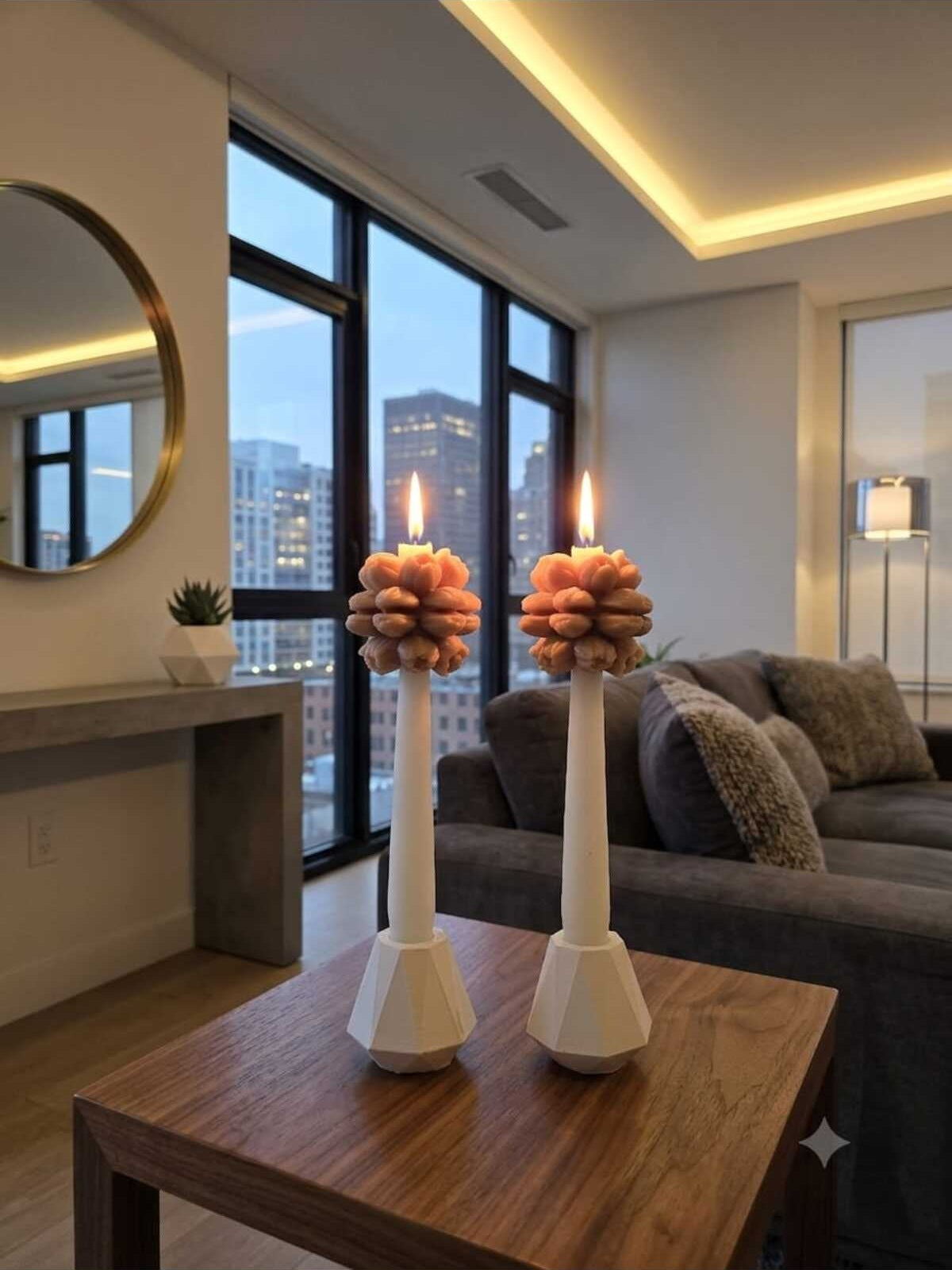 Dekoratif Mum Şamdanlık Kahve Çiçek ,2 Adet 25 cm Şamdanlık + 4 Adet Çiçek + 2 Adet Şamdanlık Toplam 8 Parça