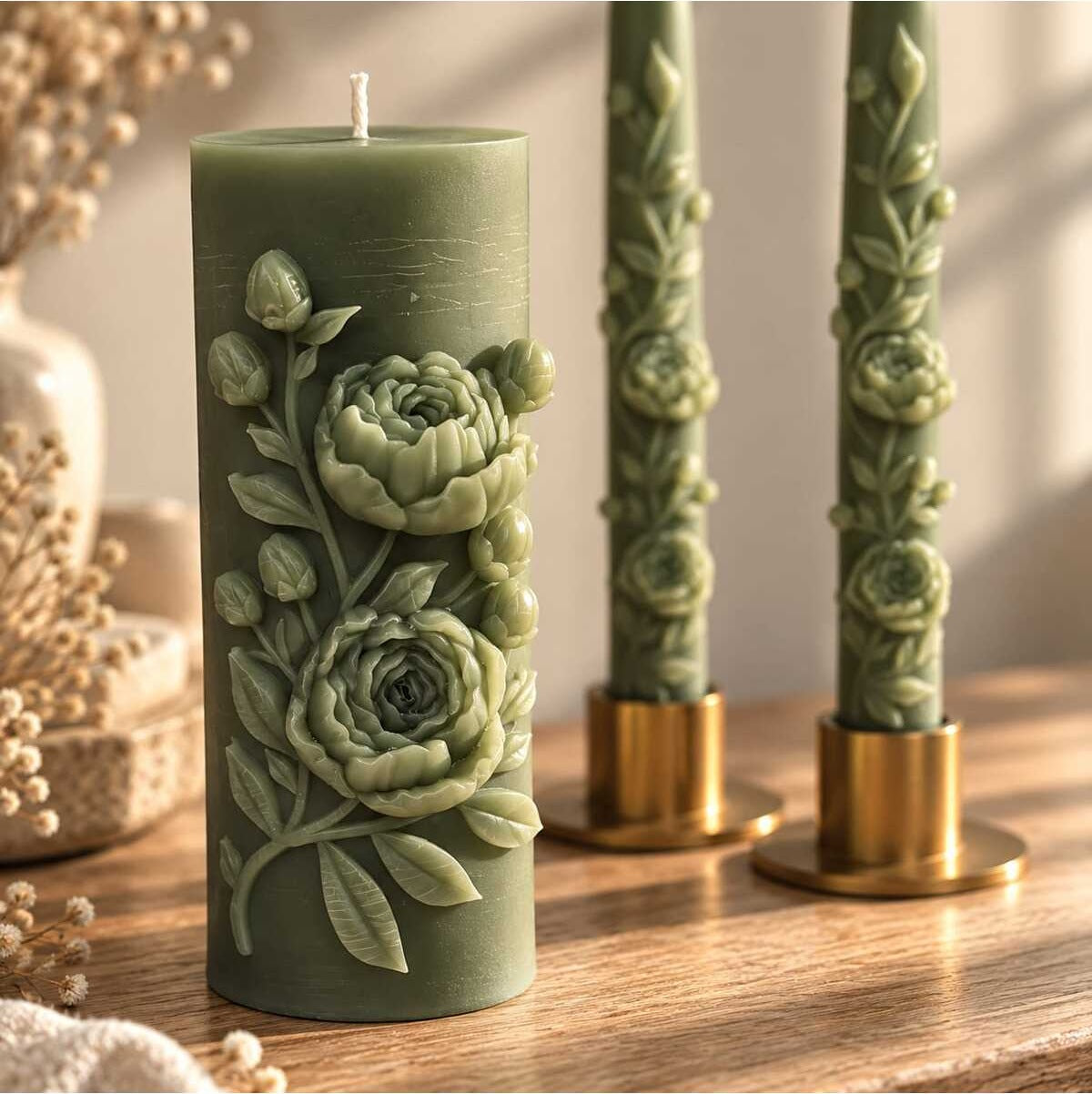 Dekoratif Mum Şamdanlık Mum Çiçek Desenli + Stand Toplam 3 Parça