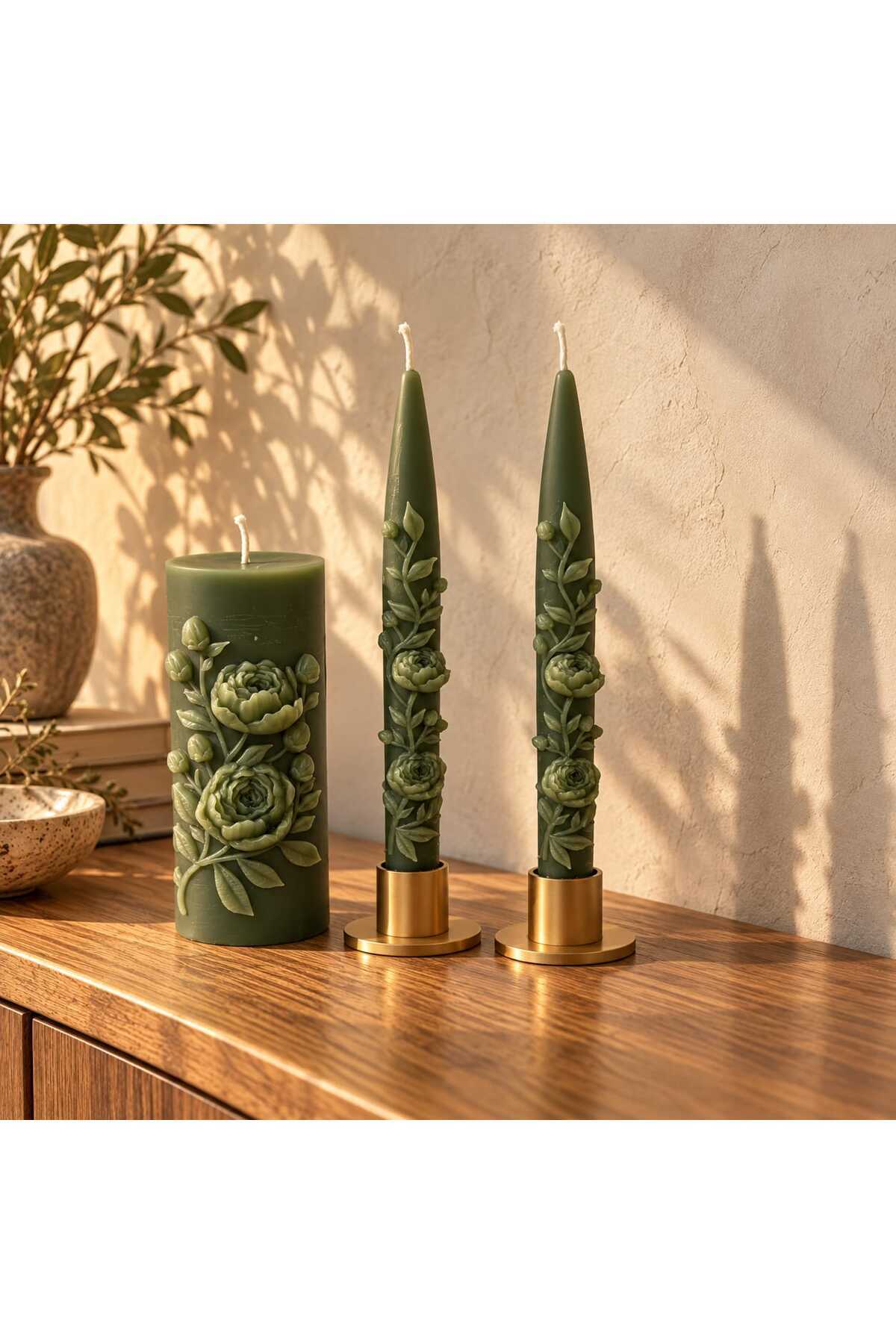 Dekoratif Mum Şamdanlık Mum Çiçek Desenli + Stand Toplam 3 Parça – görsel 3