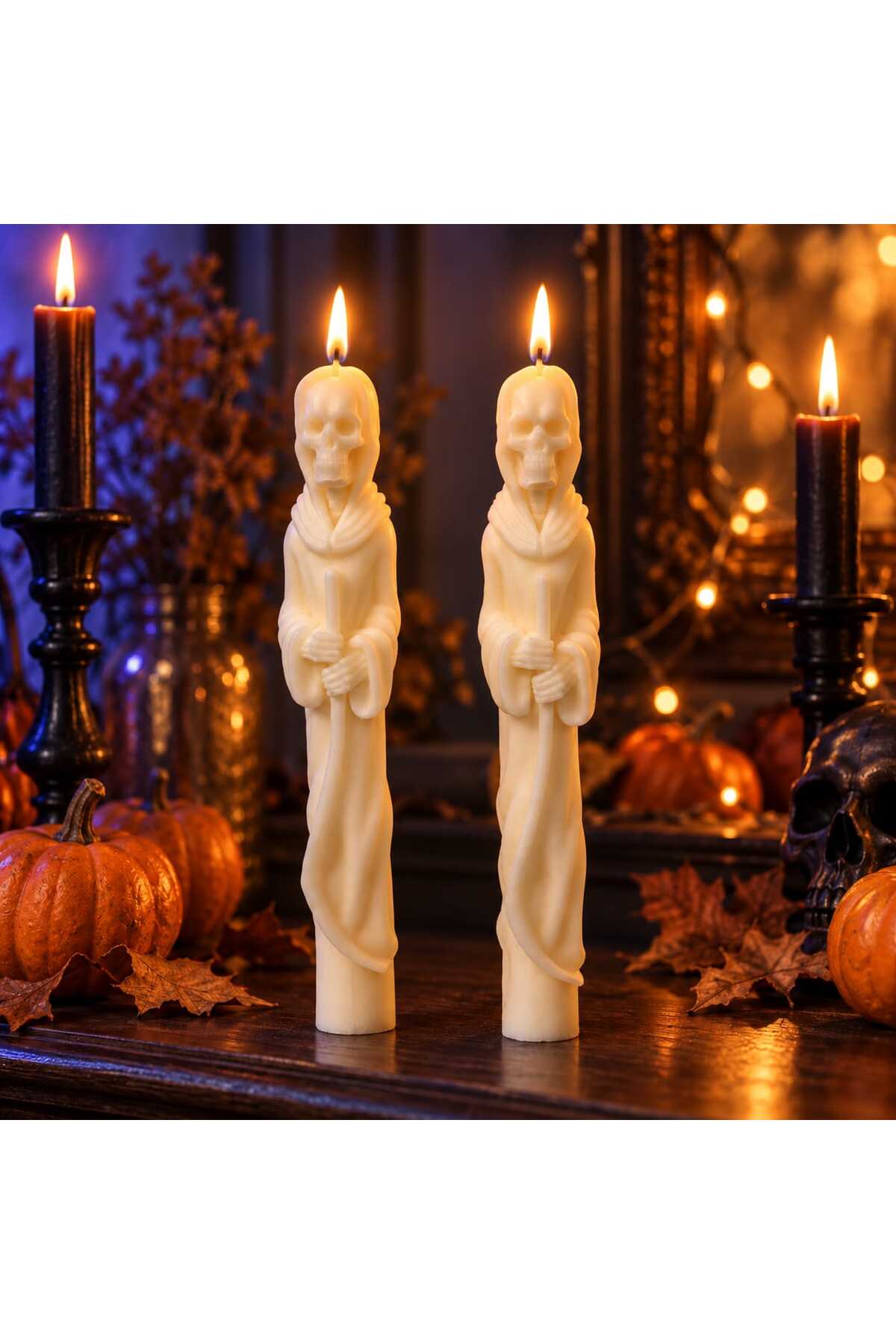 Dekoratif Mum Şamdanlık Mum Hayalet Adam Halloween 2 Parça Beyaz Halowin Kafa Desenli Helloween – görsel 2