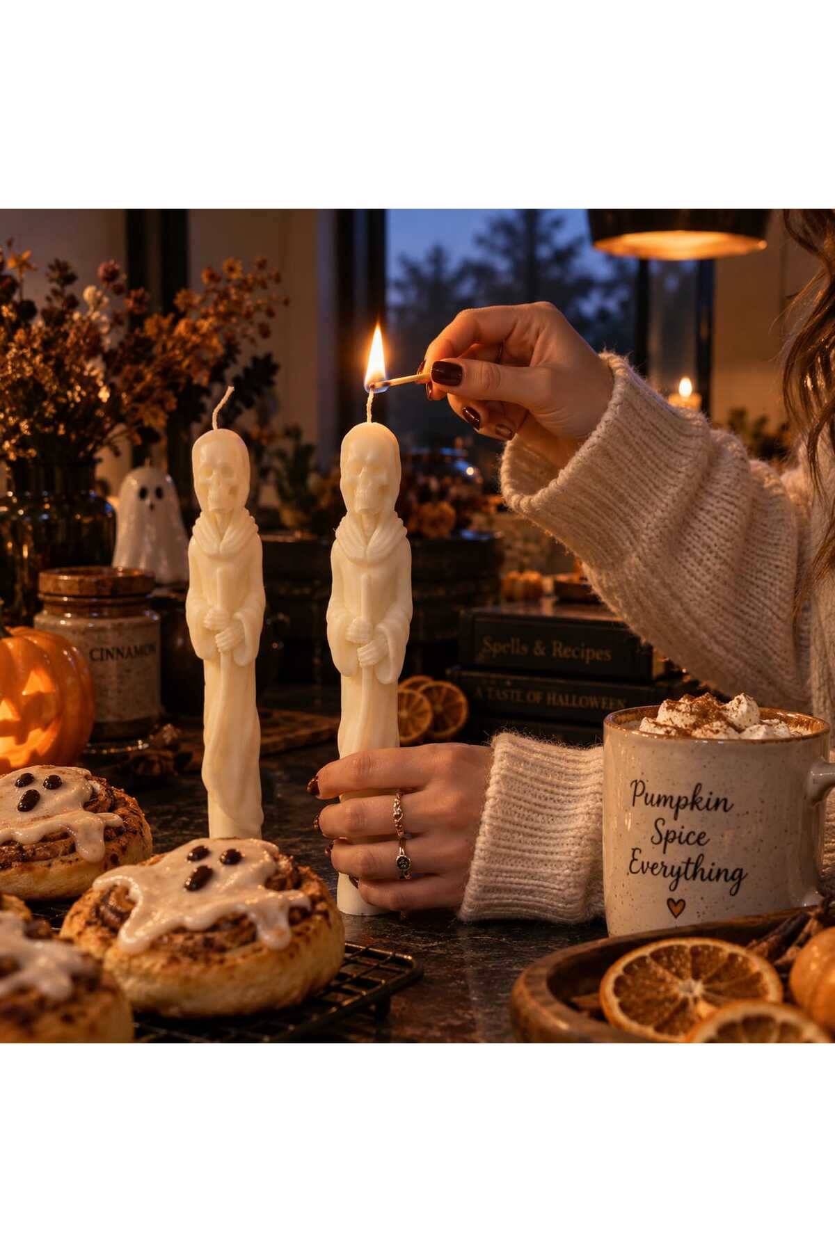 Dekoratif Mum Şamdanlık Mum Hayalet Adam Halloween 2 Parça Beyaz Halowin Kafa Desenli Helloween – görsel 3