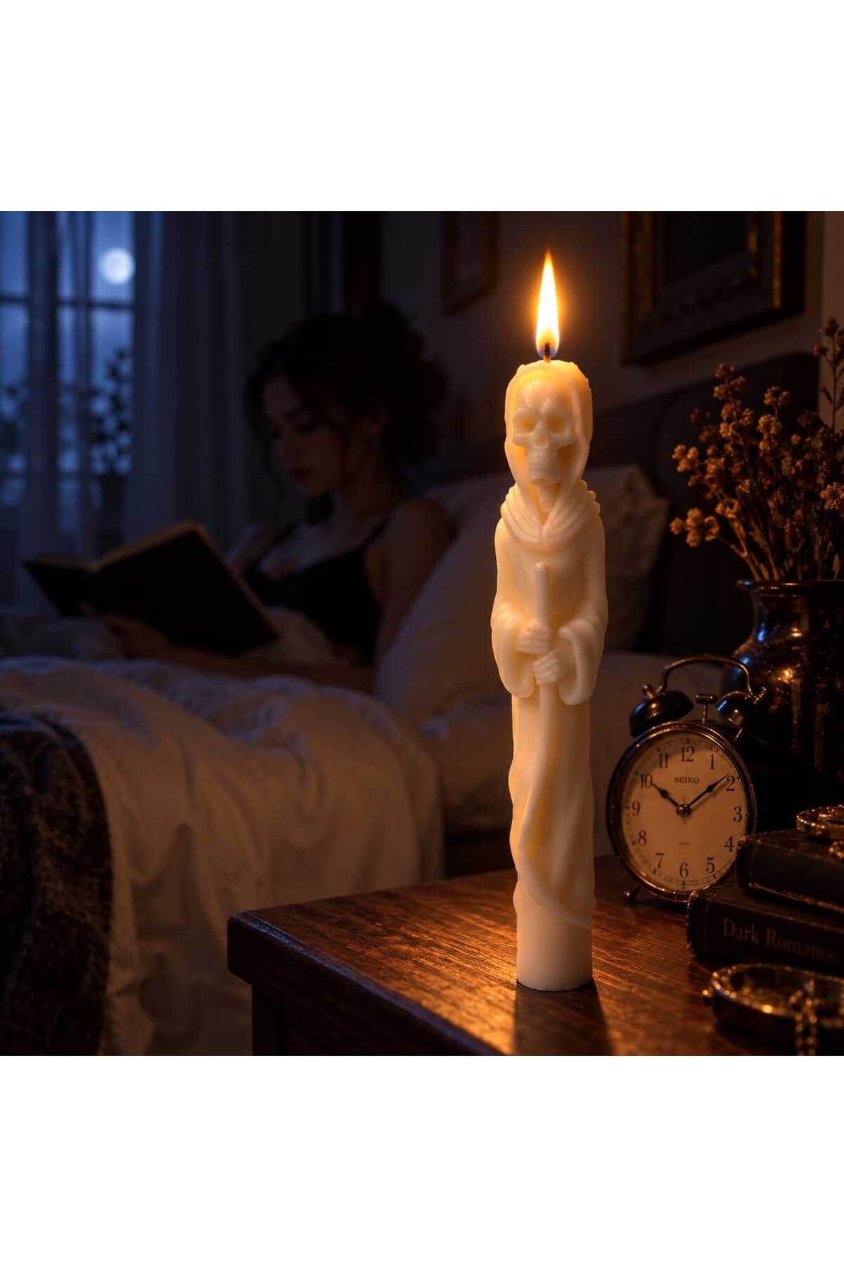 Dekoratif Mum Şamdanlık Mum Hayalet Adam Halloween 2 Parça Beyaz Halowin Kafa Desenli Helloween – görsel 4