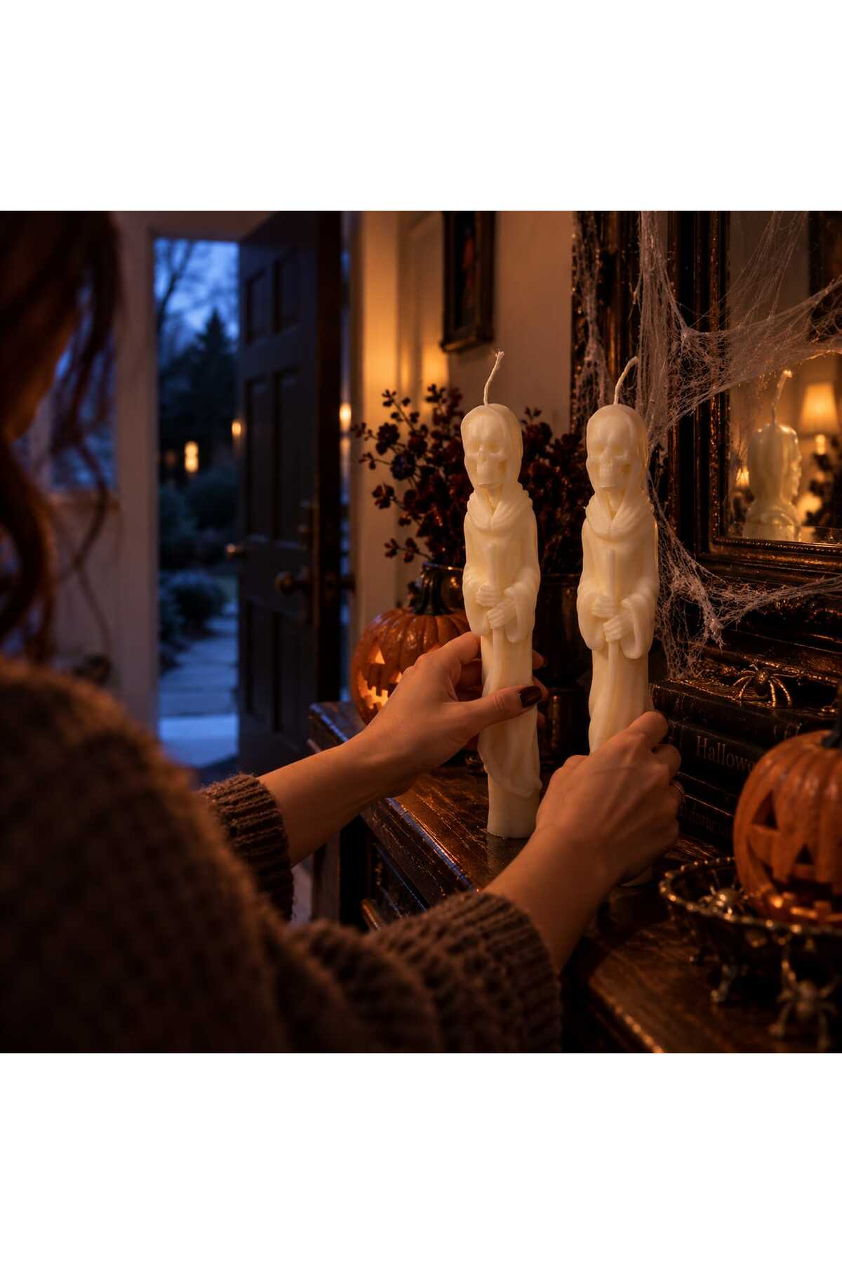 Dekoratif Mum Şamdanlık Mum Hayalet Adam Halloween 2 Parça Beyaz Halowin Kafa Desenli Helloween – görsel 5