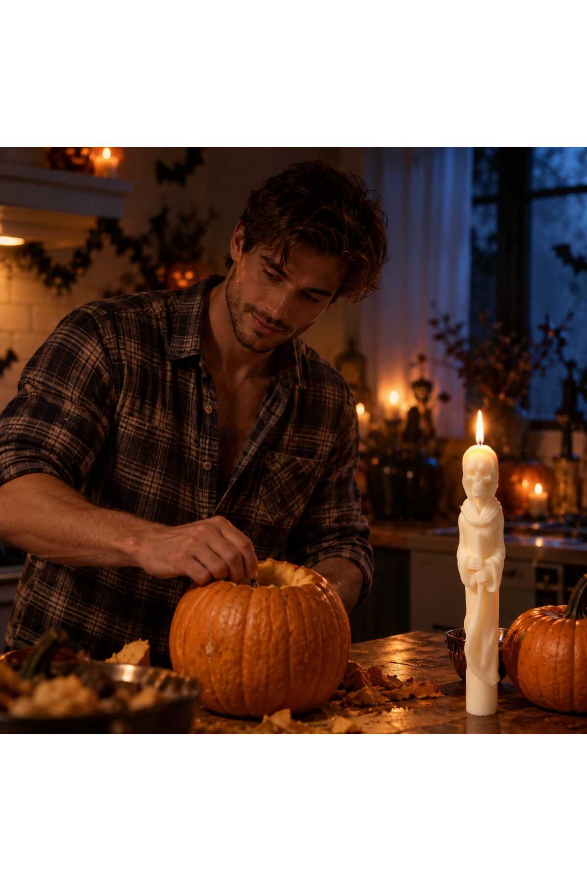 Dekoratif Mum Şamdanlık Mum Hayalet Adam Halloween 2 Parça Beyaz Halowin Kafa Desenli Helloween – görsel 7