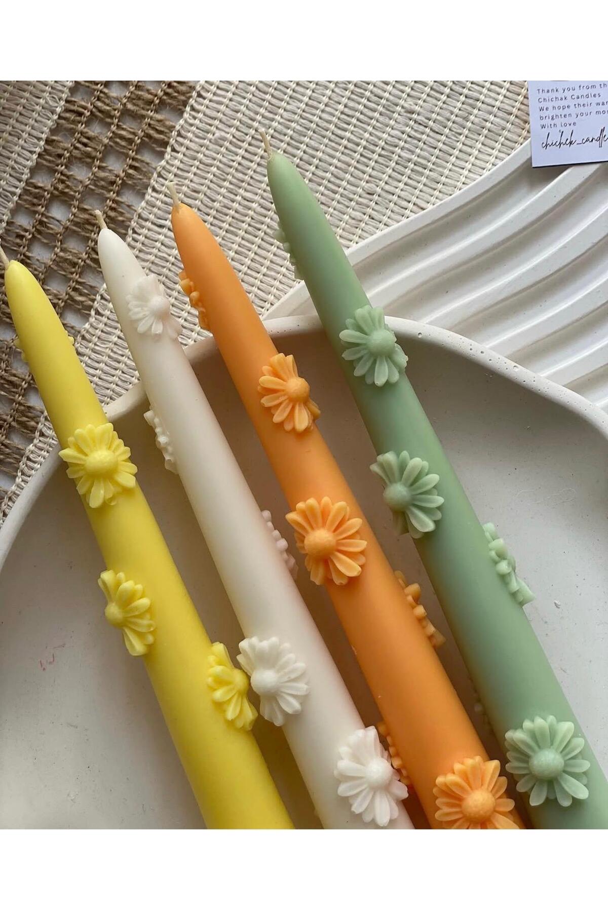 Dekoratif Mum Şamdanlık Mum Papatya Desenli Yeşil 'li – görsel 2