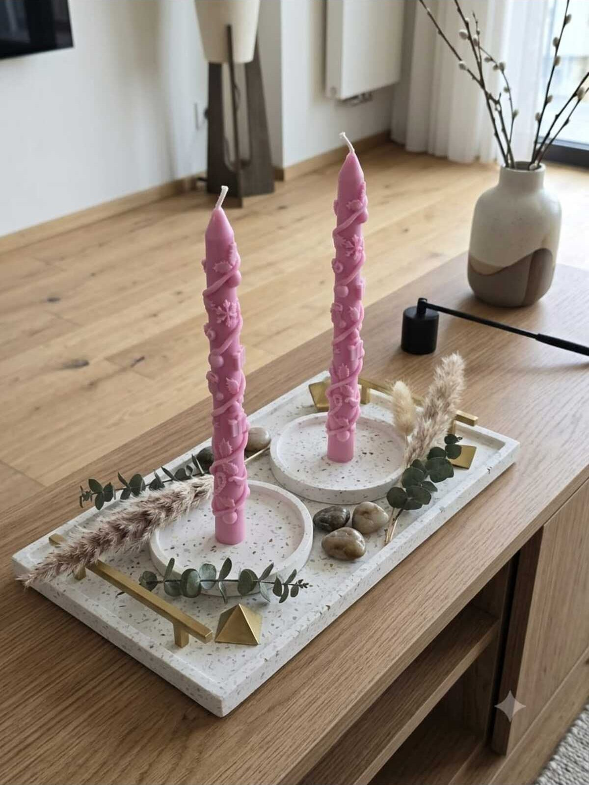 Dekoratif Mum Şamdanlık Yeni Yıl Desenli Pembe 2 Parça