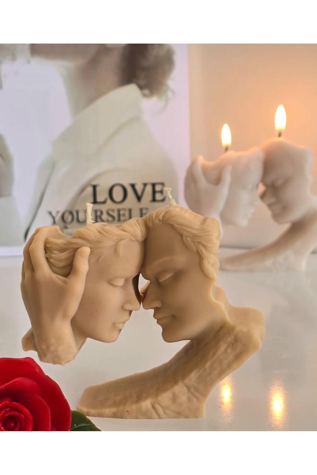 Dekoratif Mum Sevgili Aşk Romantik Temalı Sütlü Kahve Tekli 12x10 cm – görsel 2
