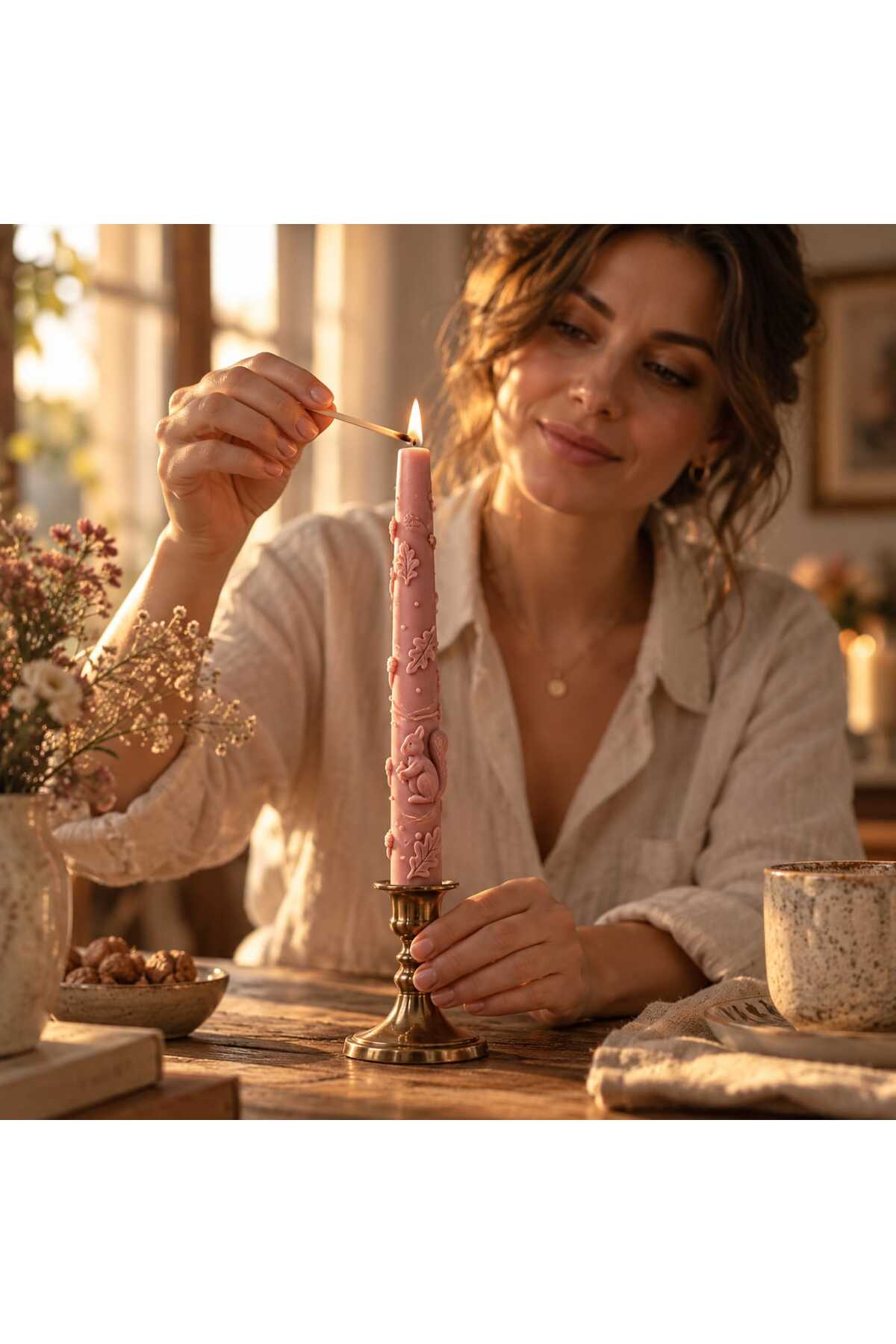 Dekoratif Mum Sonbahar Temalı Sincap Pembe 2 Parça – görsel 2