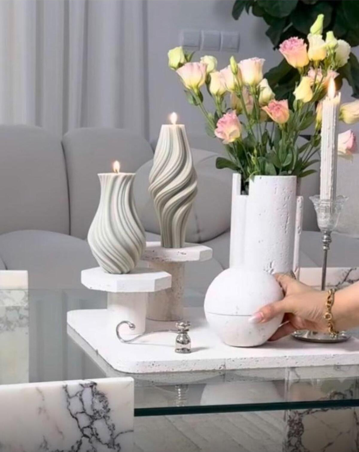 Dekoratif Mum Vazo Modelinde Mum 2adet Büyük ve Küçük Olçü Gri