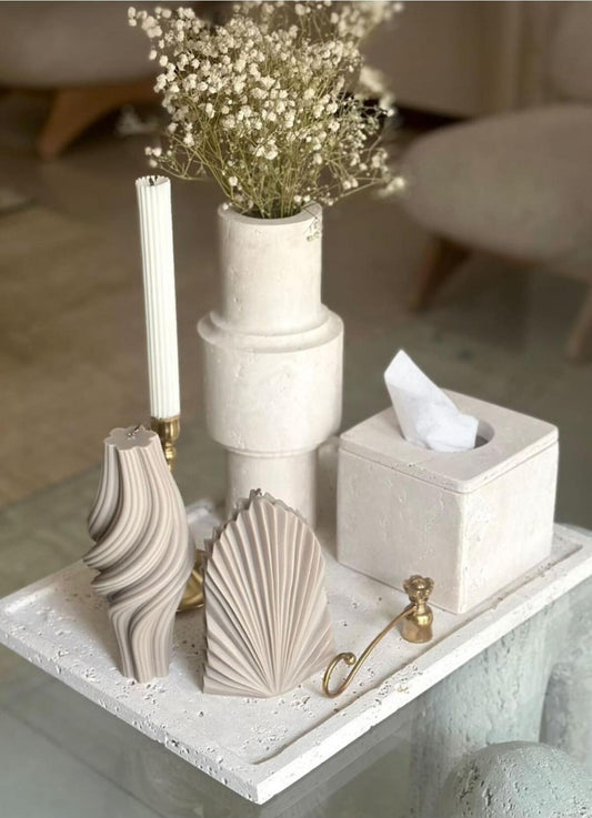 Dekoratif Mum Vazo + Palm + Şamdan Toplam 3 Parça