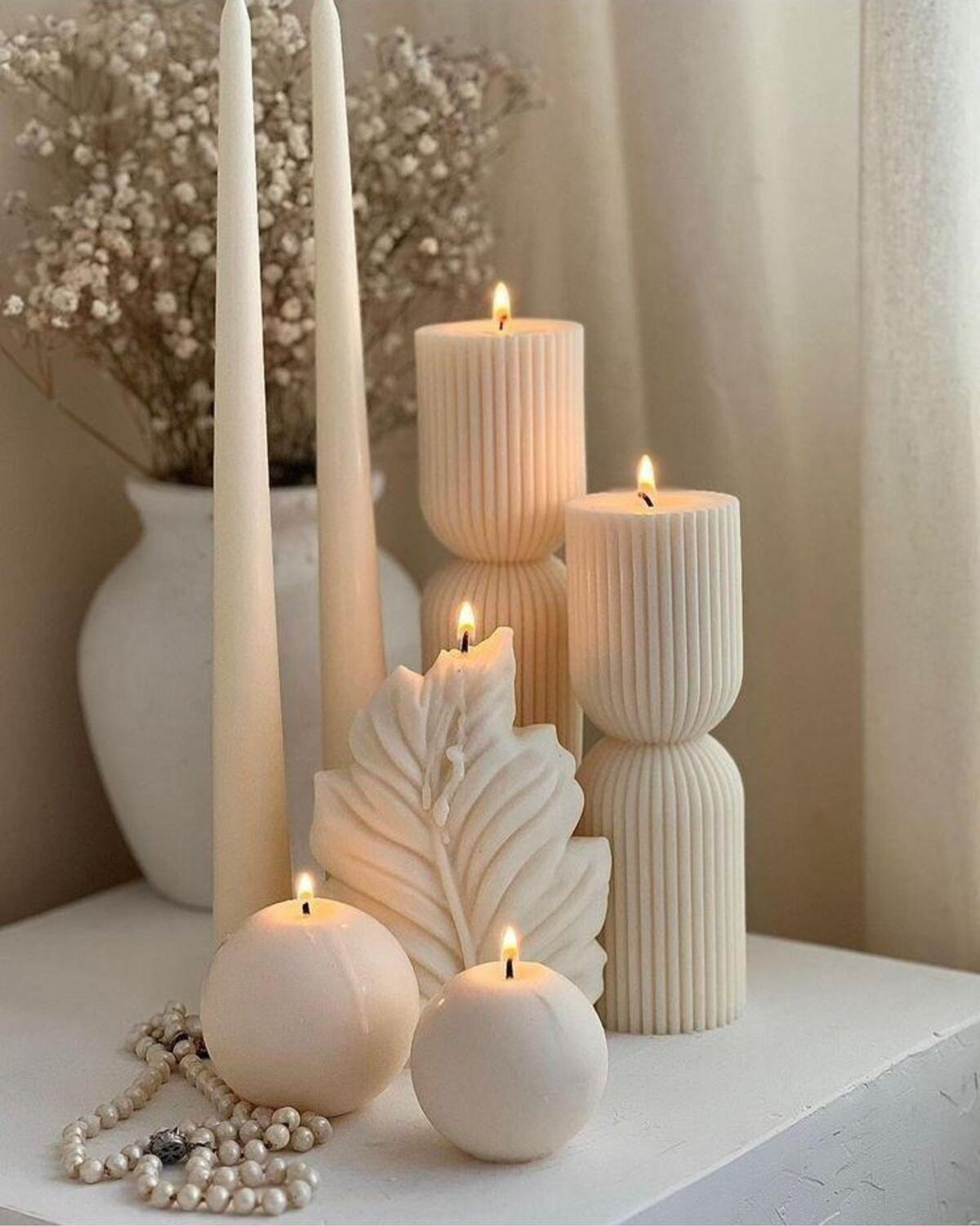 Dekoratif Mum Yaprak + Çokgen + Daire + Şamdan Mum Toplam 7 Parça