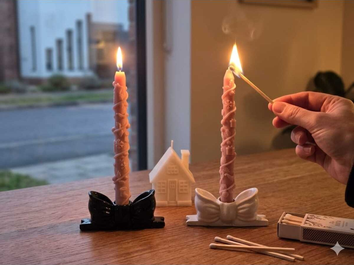 Dekoratif Mum Yeni Yıl Desenli Şamdanlık Mum Pembe + Şamdanlık Toplam 4 Parça