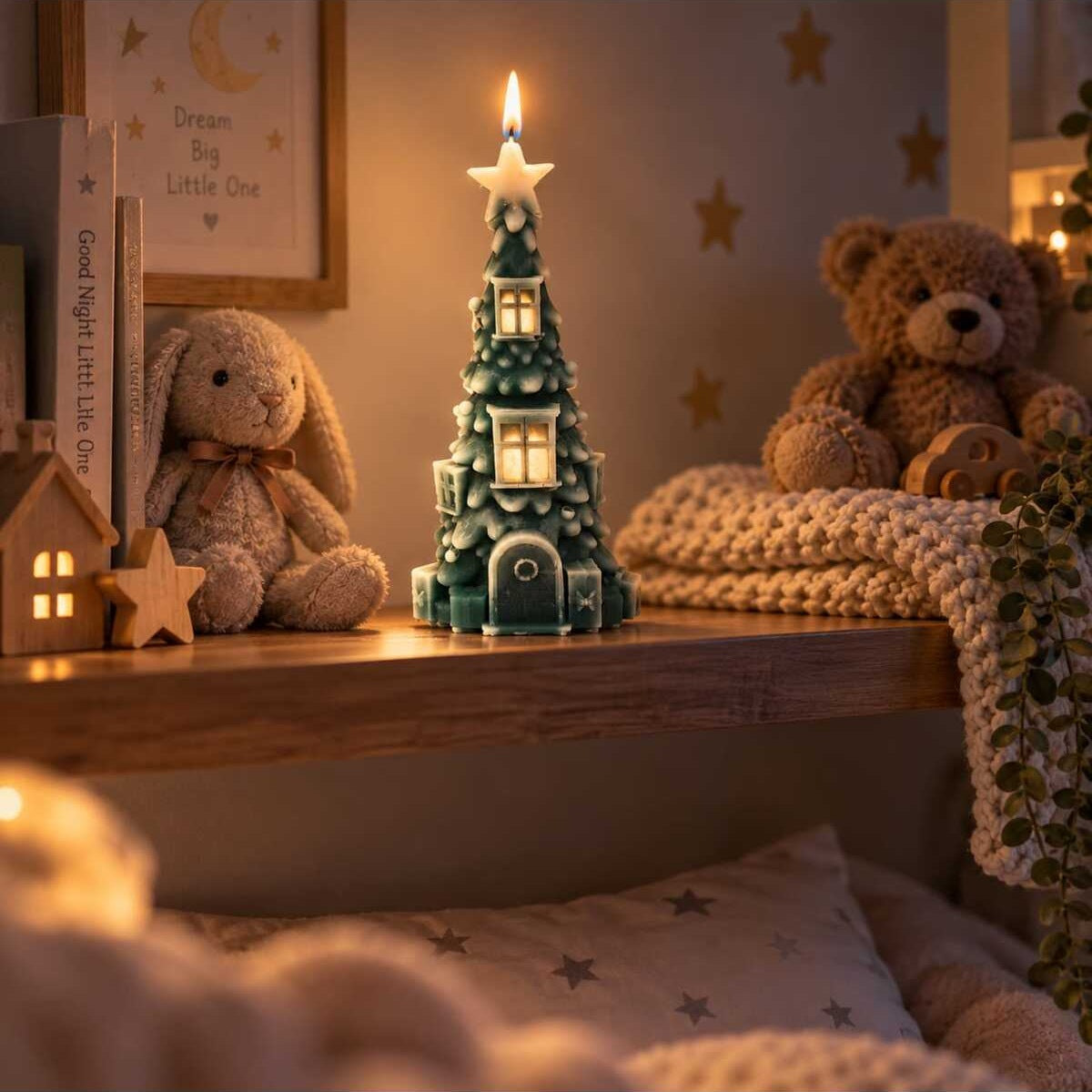 Dekoratif Mum Yılbaşı Temalı Çam Ağaç Ev Desenli 15 cm Uzunluğunda