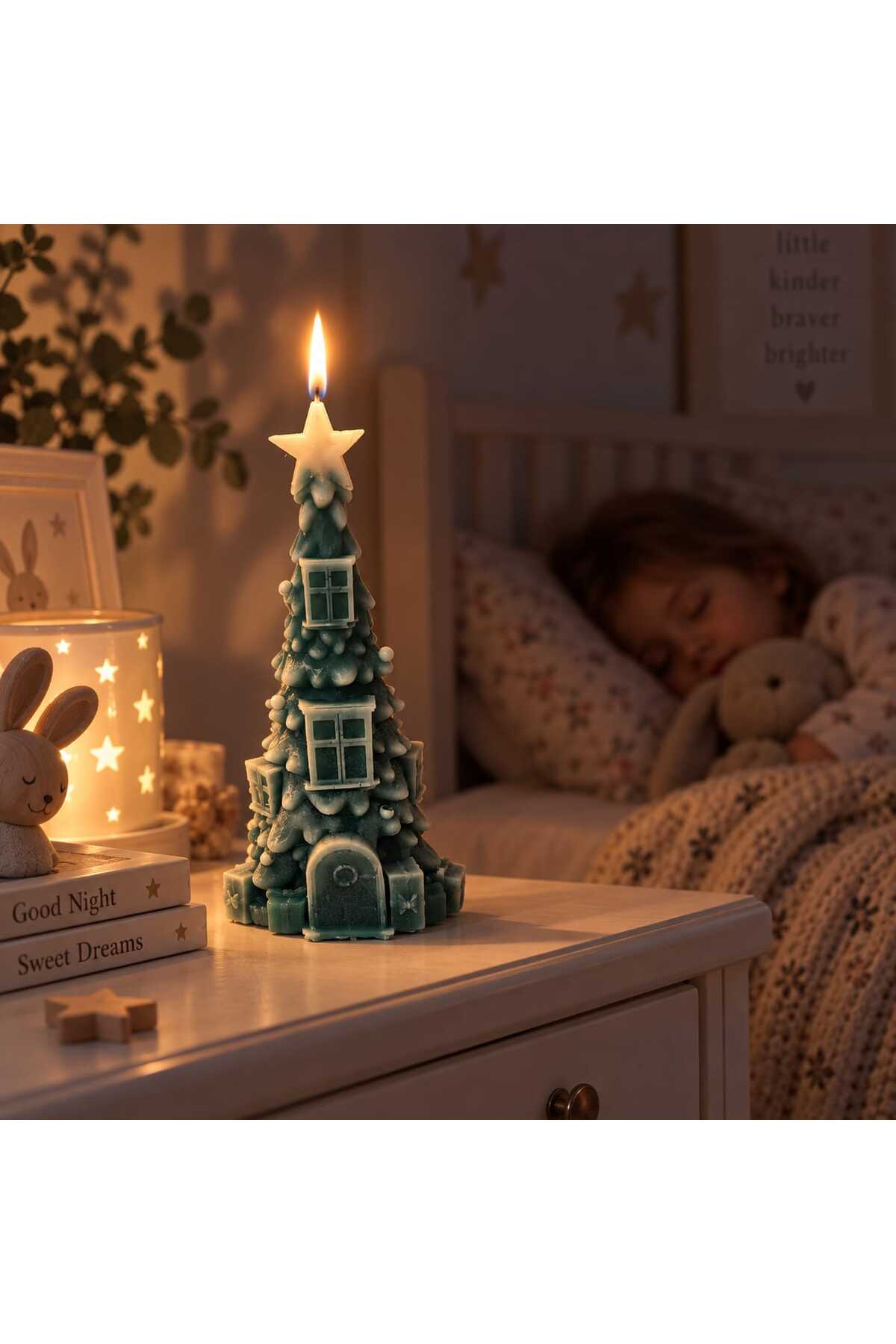 Dekoratif Mum Yılbaşı Temalı Çam Ağaç Ev Desenli 15 cm Uzunluğunda – görsel 7