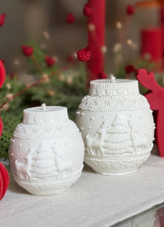 Dekoratif Mum Yılnaşı Temalı Geyik Desenli Top 2'li Set Beyaz