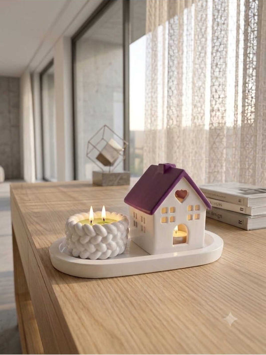 Dekoratif Obje Ev Desenli ve Mumluk İçinde Mum ve Tepsi 3'lü Set