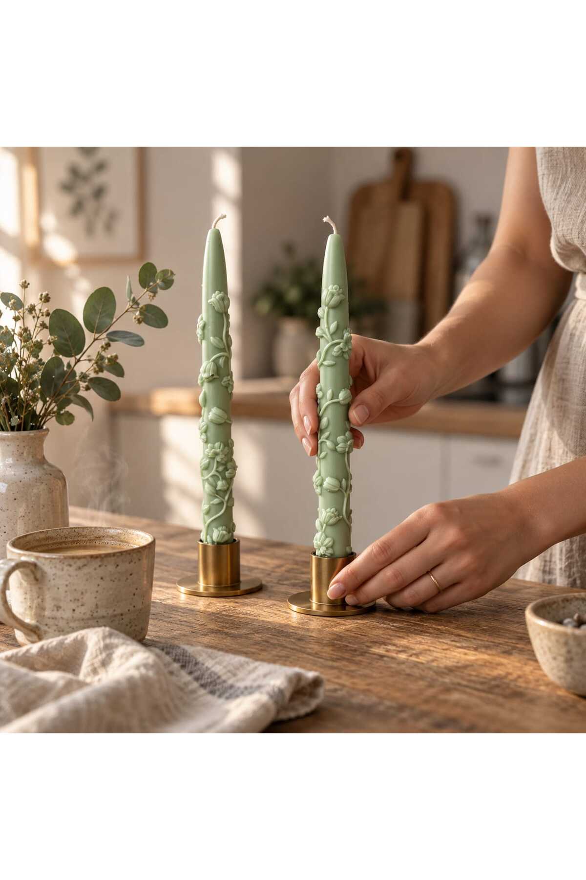 Dekoratif Soya Mum Bahar Şamdanlık Mum 2'li Yeşil 20x2 cm – görsel 4