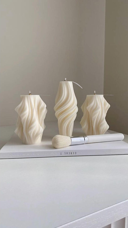 Dekoratif Soya Mum Dalga + Vazo Toplam 3 Parça Kırık Beyaz 20x9 12x10 cm