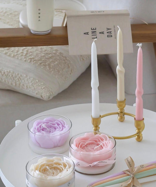 Dekoratif Soya Mum Şamdanlık Mum 3'lü Pembe Beyaz ve Kırk Beyaz Şamdanlık Dahil Değil