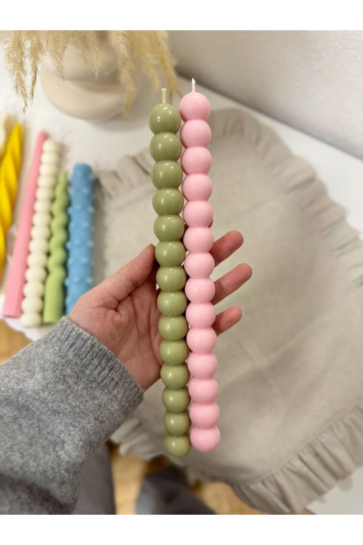 Dekoratif Soya Mum Şamdanlık Mum Top Yeşil ve Pembe 2 Parça – görsel 2