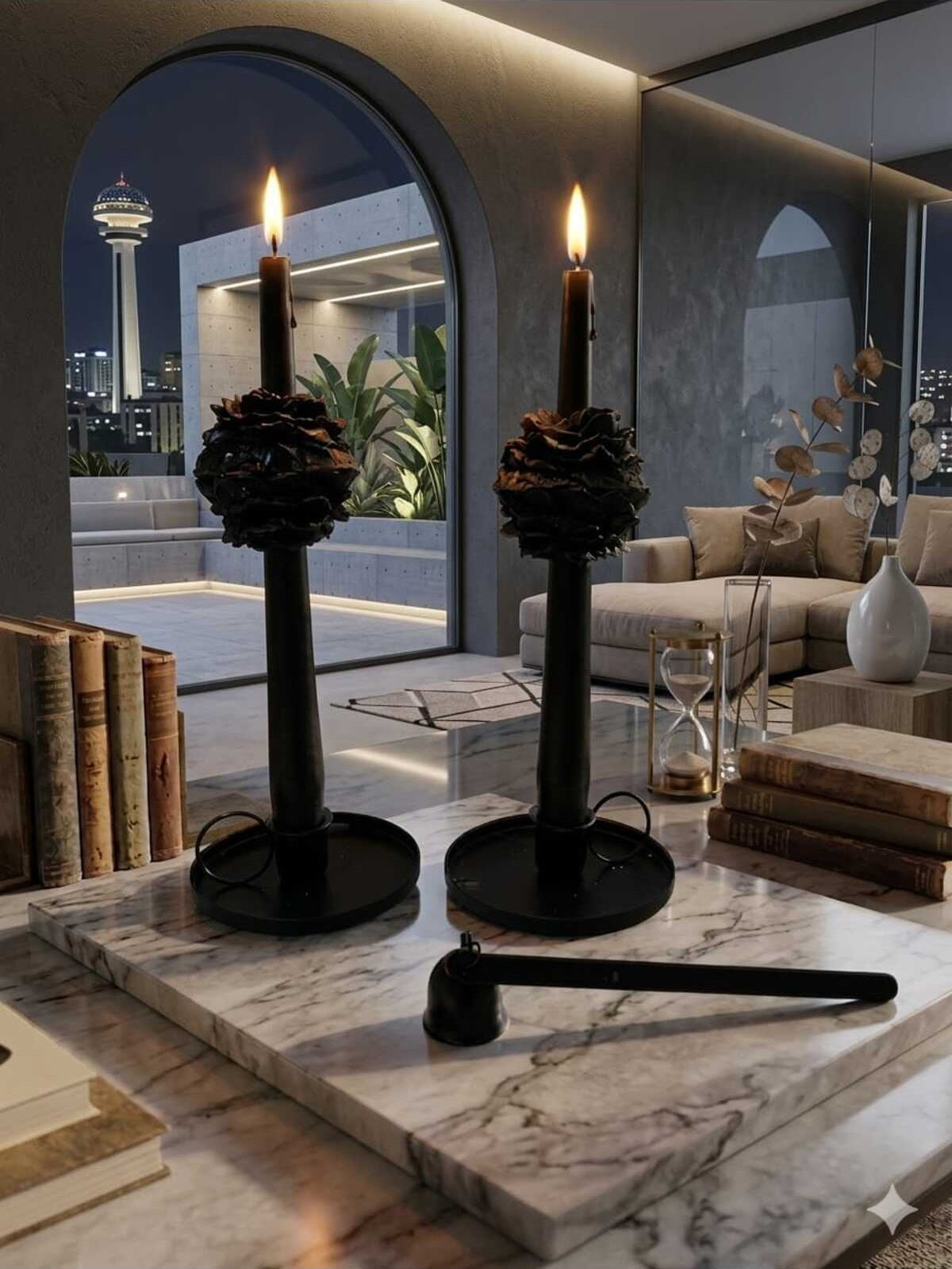 Dekoratif Soya Mum Şamdanlık Siyah 2 Adet 25 cm Şamdanlık + 4 Adet Şakayık 6'lı Set