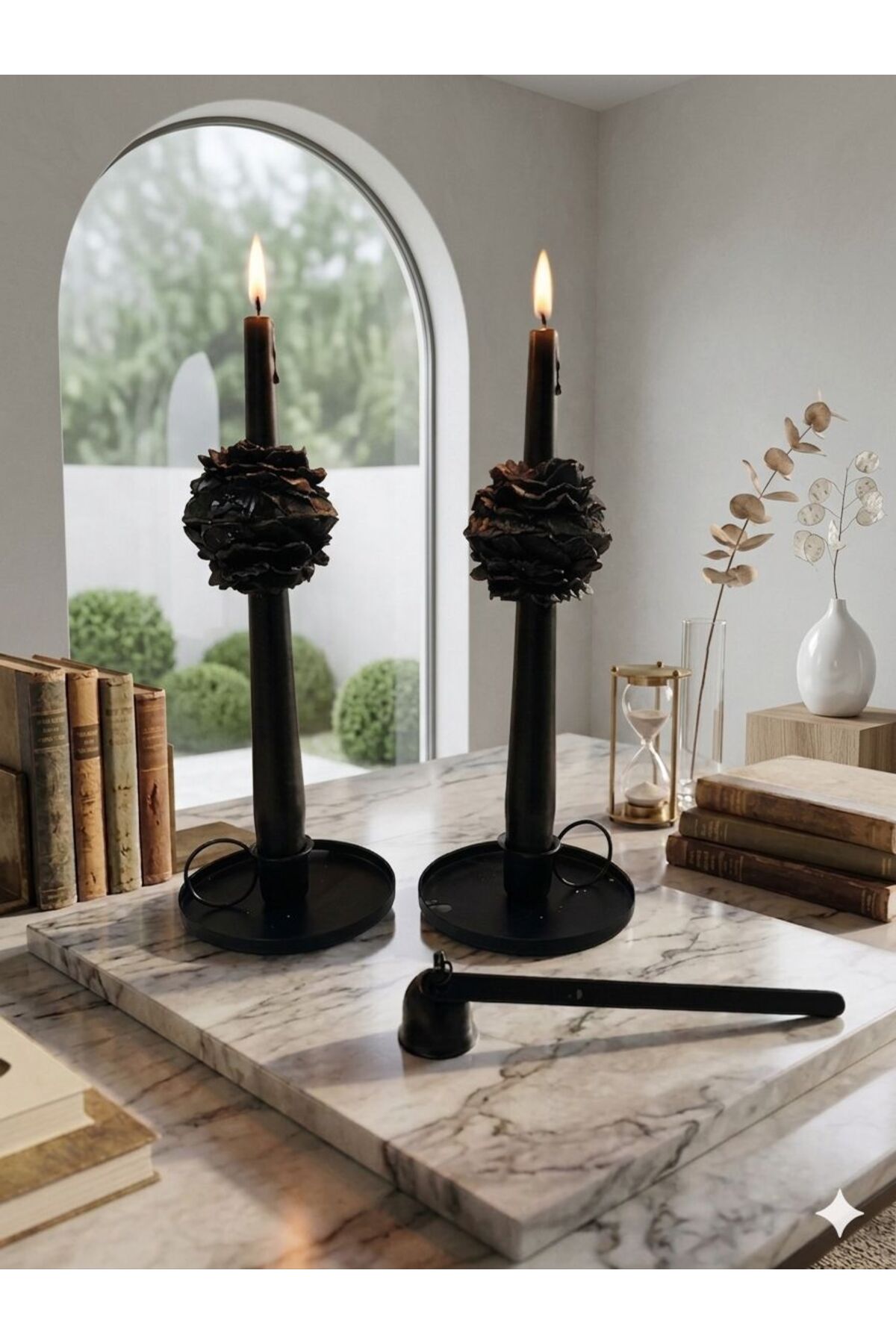 Dekoratif Soya Mum Şamdanlık Siyah 2 Adet 25 cm Şamdanlık + 4 Adet Şakayık 6'lı Set – görsel 4
