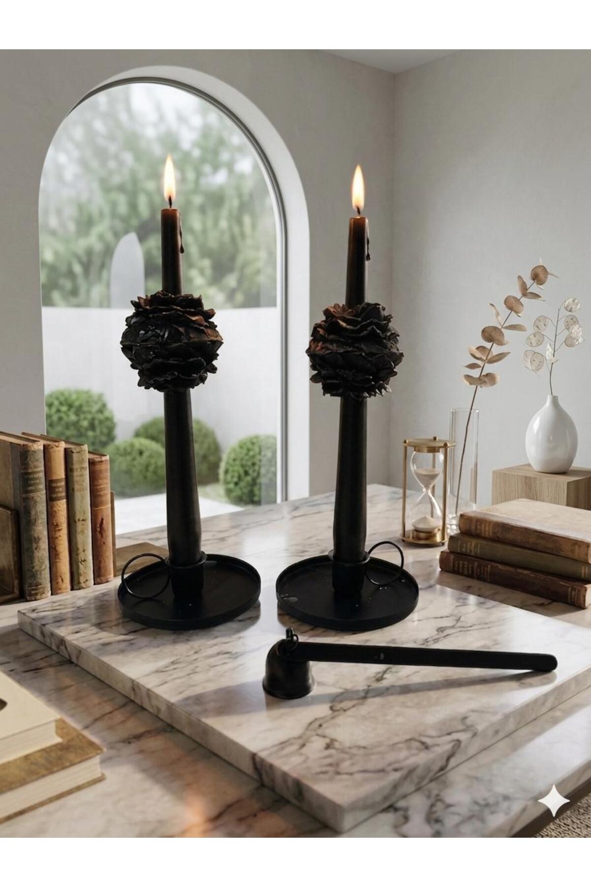 Dekoratif Soya Mum Şamdanlık Siyah 2 Adet 25 cm Şamdanlık + 4 Adet Şakayık 6'lı Set – görsel 6