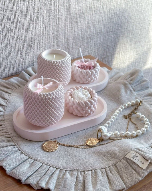 SCA Oval Tepsi ve Büyük Mumluk ve Küçük Mumluk ve Küçük Şakayık Gül Mum Hediye