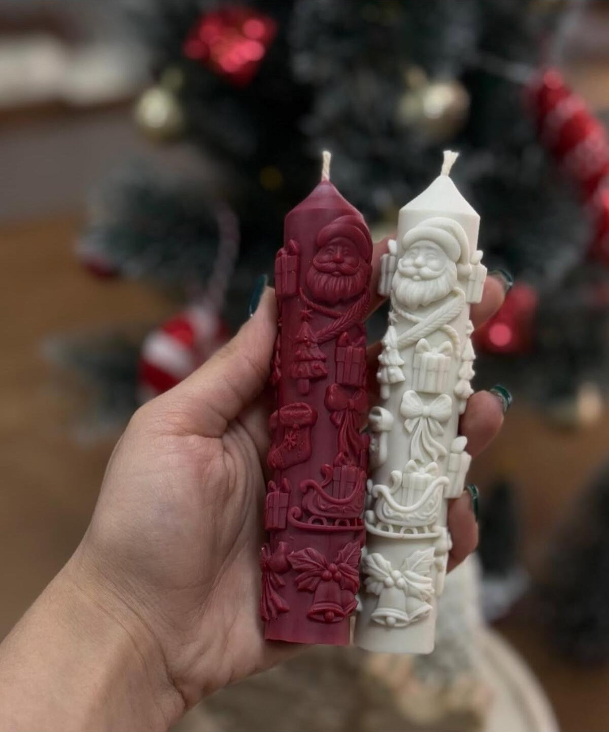 Yılbaşı Temalı Dekoratif 2'li Mum Seti Bordo