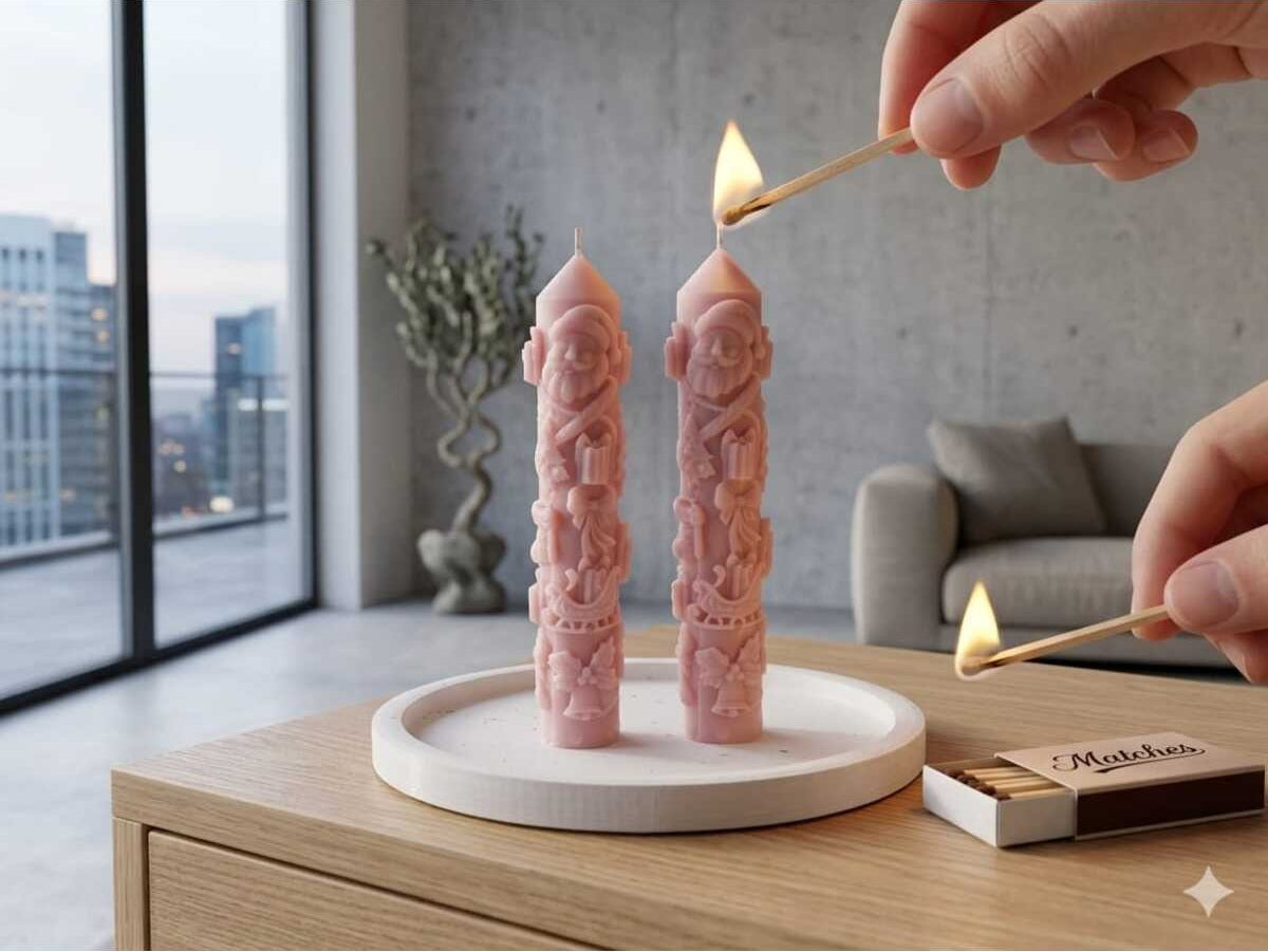 Yılbaşı Temalı Dekoratif 2'li Mum Seti Pembe