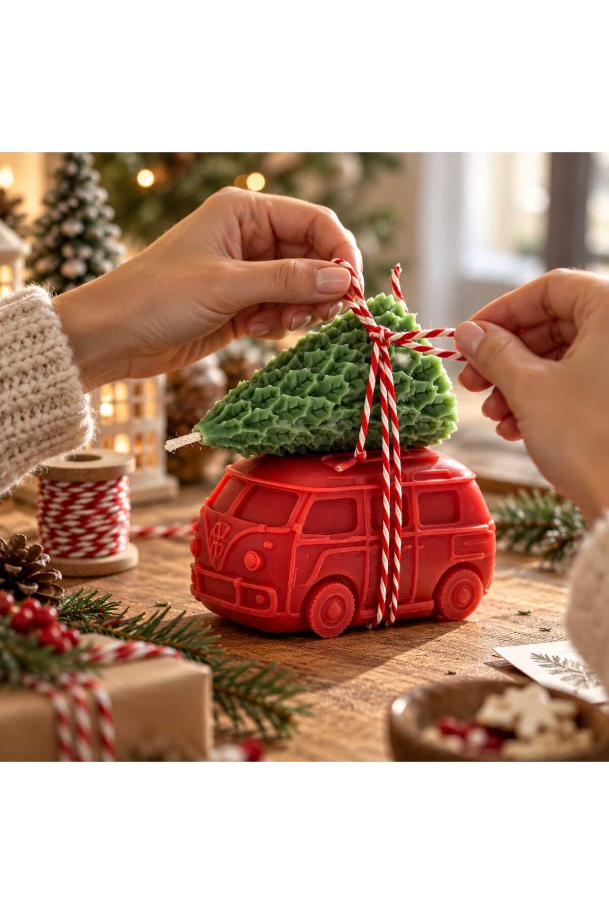 Yılbaşı Temalı Dekoratif Çam Ağacı ve Araba 2'li Mum Seti – görsel 6