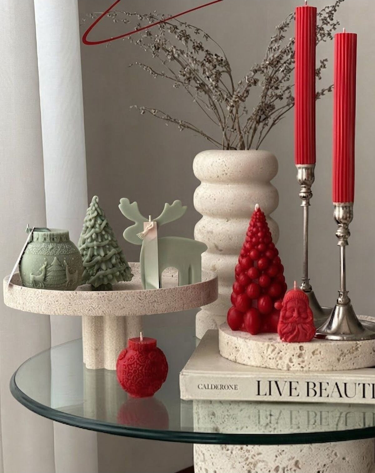 Yılbaşı Temalı Dekoratif Çam Ağacı ve Noel Baba ve Geyik 8'li Mum Seti