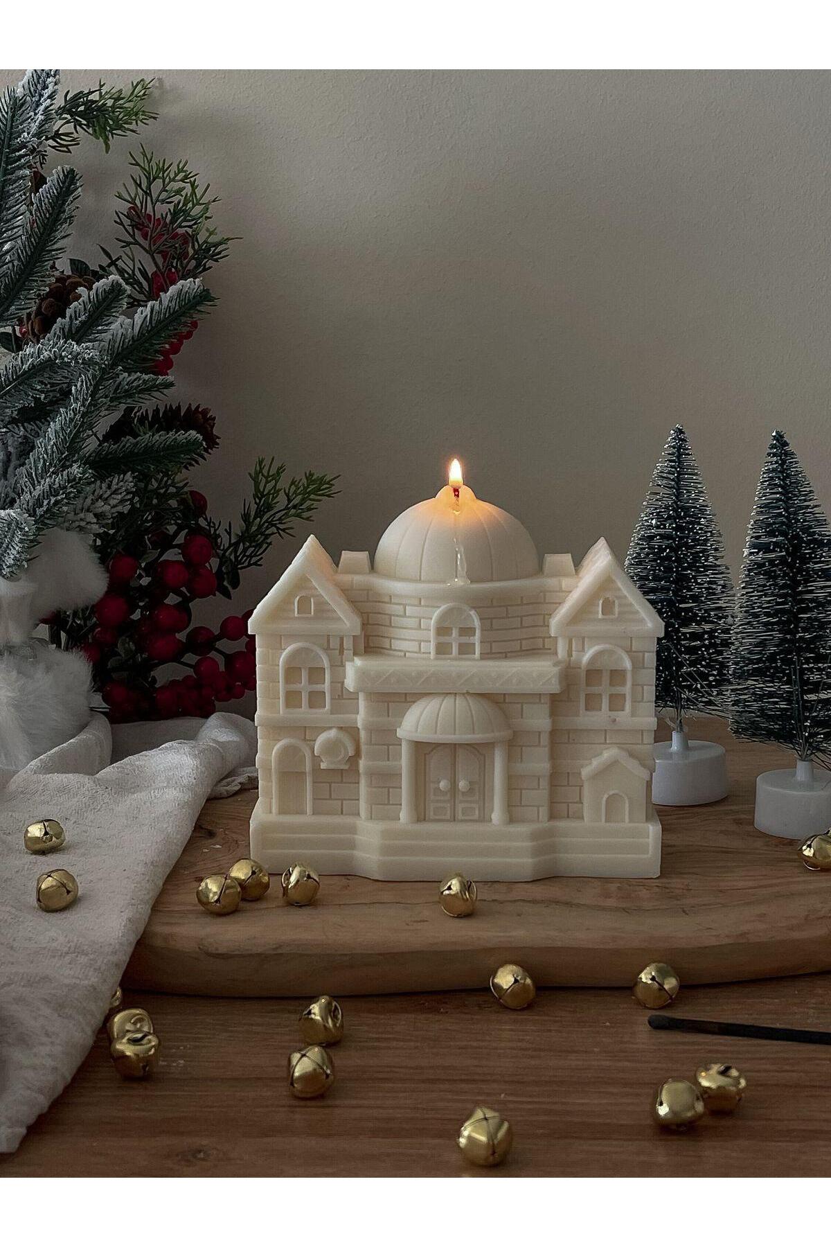 Yılbaşı Temalı Dekoratif Ev Mum 10x12 cm Beyaz – görsel 2