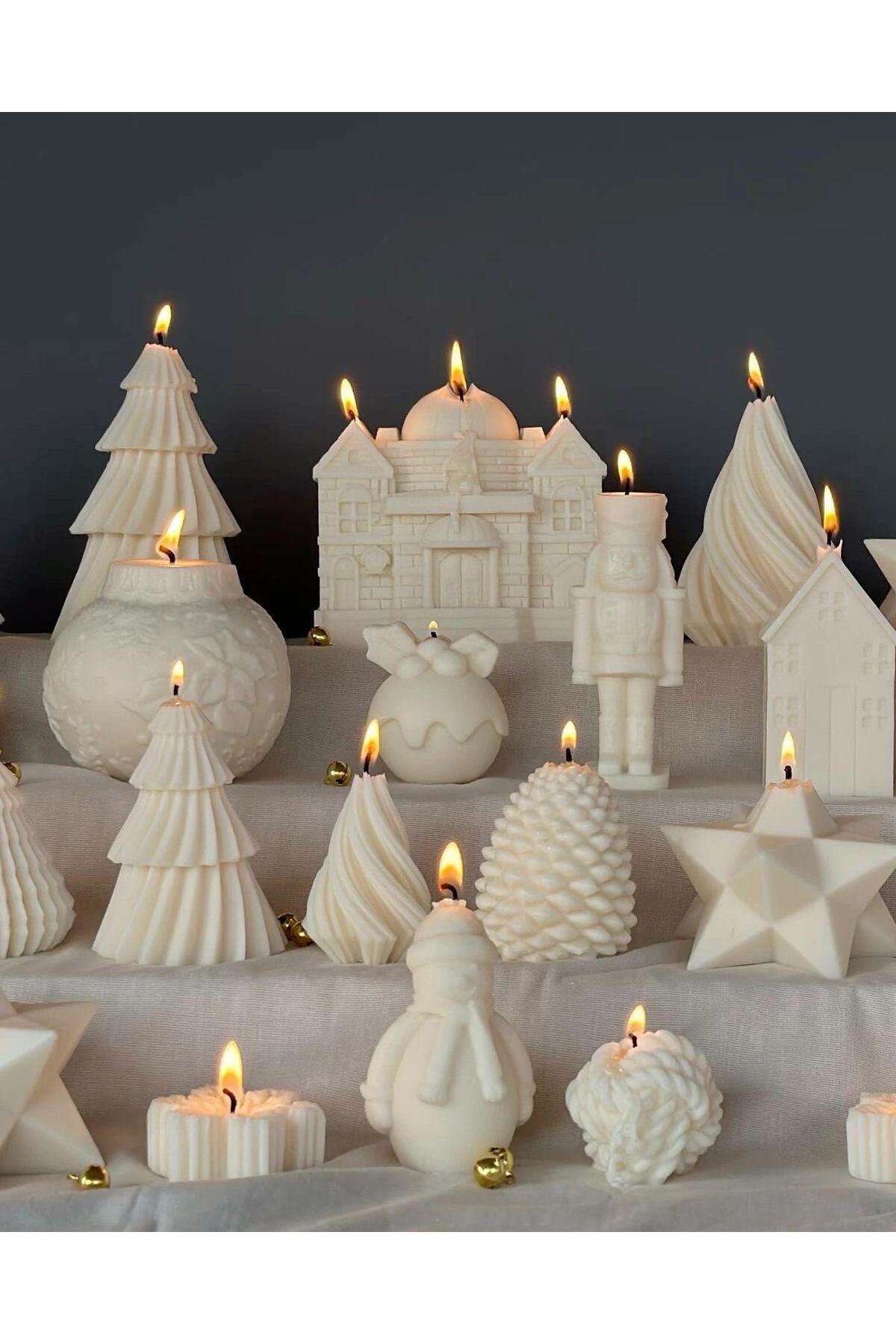 Yılbaşı Temalı Dekoratif Ev Mum 10x12 cm Beyaz – görsel 7